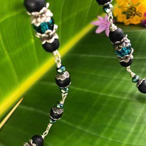 33 1/2" Black Tulasi with dark teal crystal beads